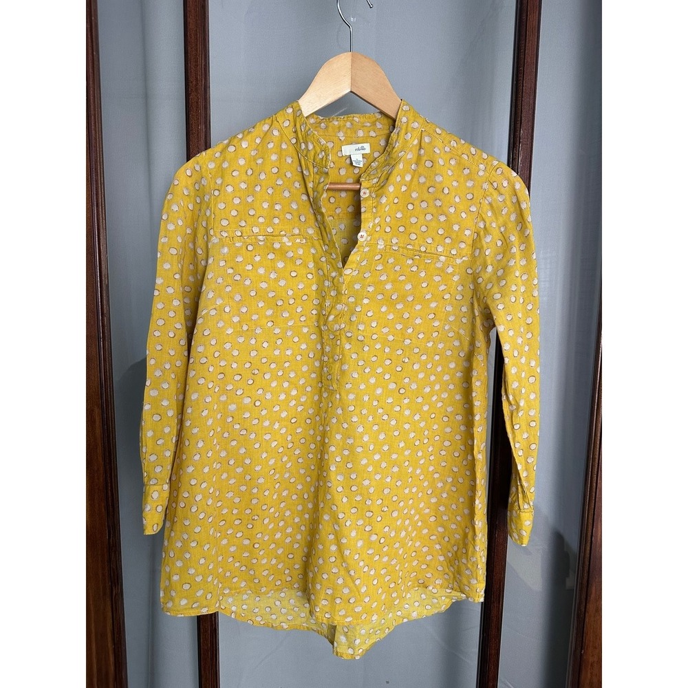 Odille Anthropologie 100% Cotton Shirt Size 0 Mustard Yellow White Long Sleeve